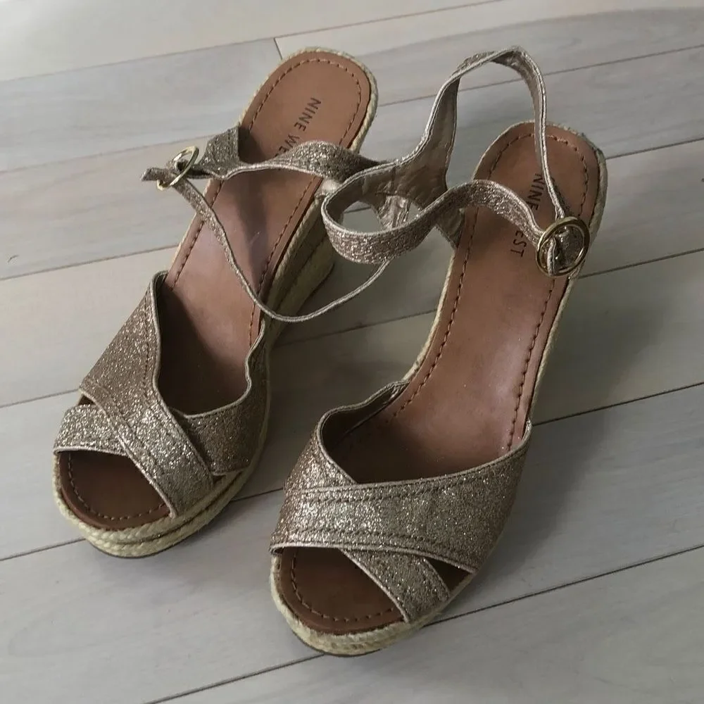 Nine West Women's Gold Sparkly Strappy Wedge Heels Size 9.5
